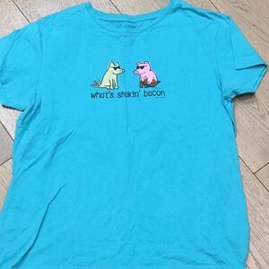 Pets Woman’s Teddy the Dog Aqua “what’s shakin bacon” round neck tee shirt.large